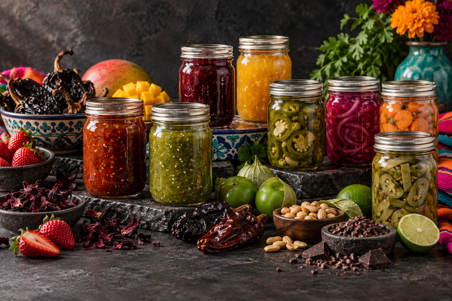 Frascos Mason con salsas, mermeladas y encurtidos artesanales mexicanos