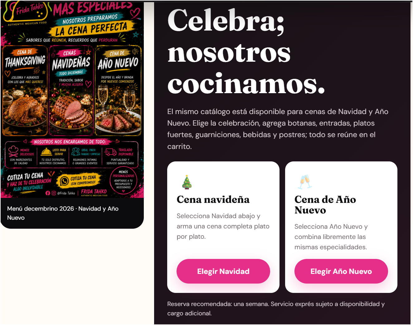 Flyer de cenas de Thanksgiving, Navidad y Año Nuevo de Frida Tahko
